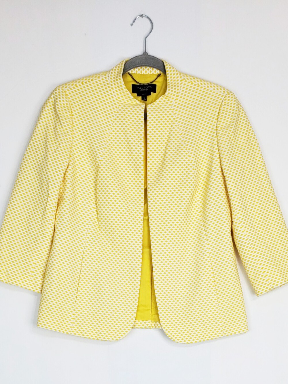 Talbots size 6 stretch jacket blazer 3/4 sleeves textured yellow summer preppy